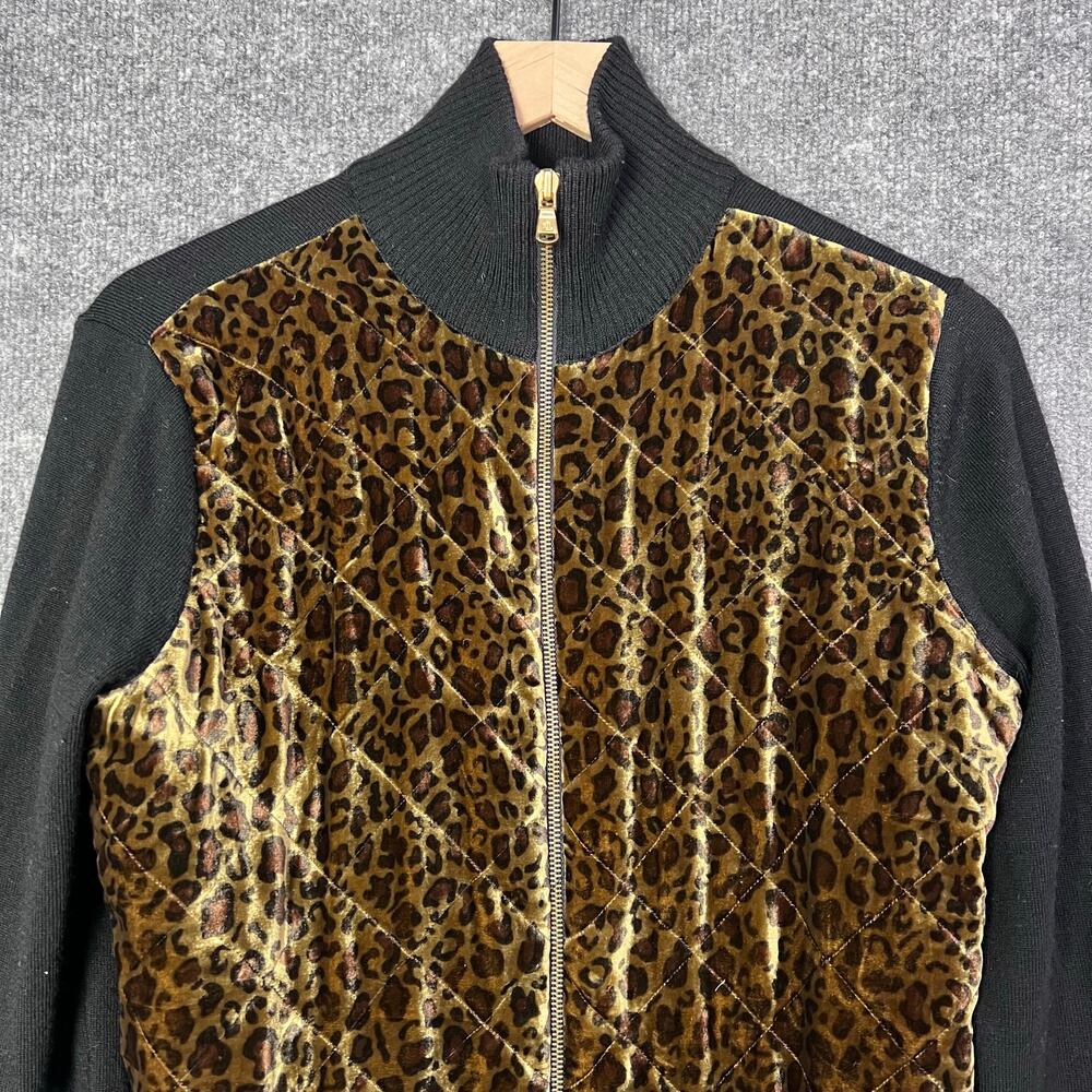 Ralph Lauren Quilted Velvet Leopard Black Wool Cardigan Sweater Jacket Size M - Picture 3 of 8